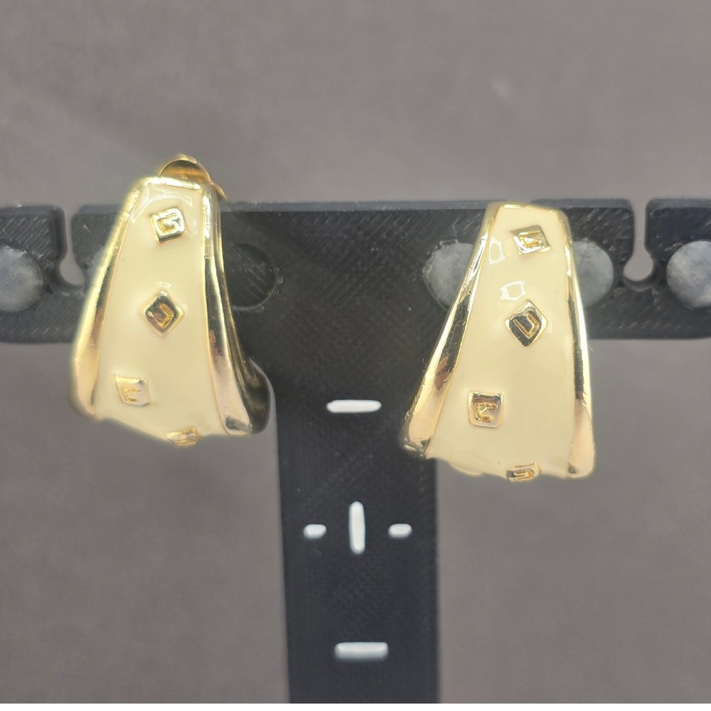 Vintage Givenchy Clip On Earrings Cream Gold Tone Enamel Logo Geometric 0.75in